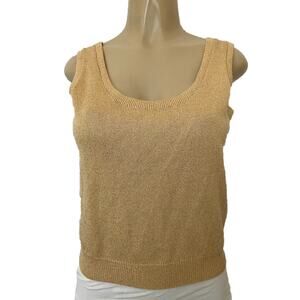 St John Santana Knit Shell Tank Top Sleeveless Gold Ribbed Hem Blouse Sc…